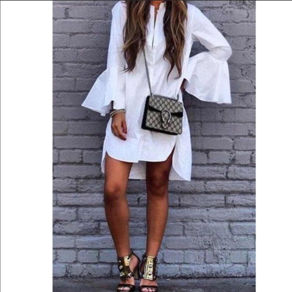 White Flair Sleeve Button Down Short Dress